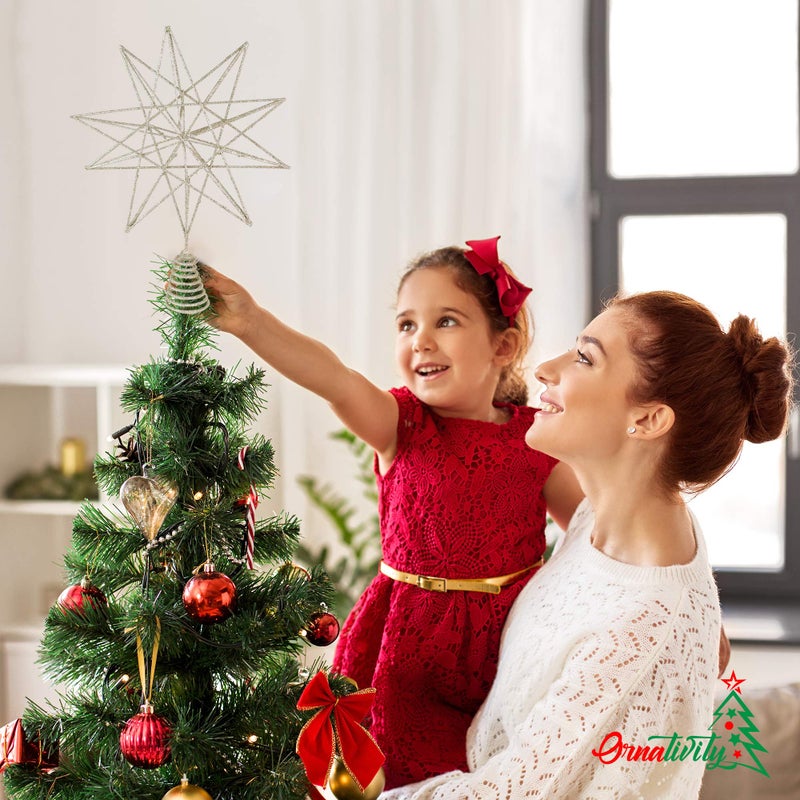 Ornativity Glitter Star Tree Topper - Christmas Sparkly Metal 3-D Dimensional Hallow Wire Star Xmas Tree Top Decor Ornament Decorations for Trees 13" - Image 2